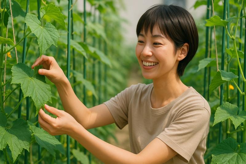 日当たりと風通しを確認するきゅうり栽培