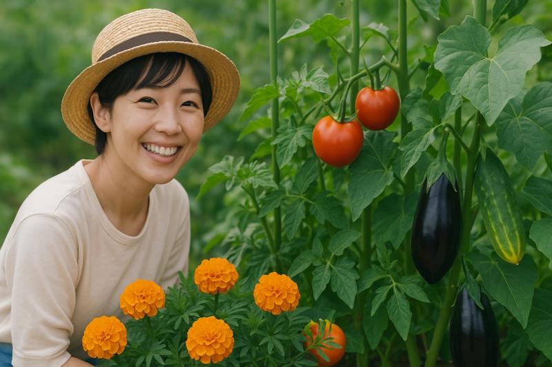 野菜の畝の端に植えたマリーゴールド