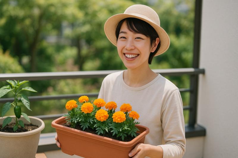日当たりの良い場所で育つマリーゴールド