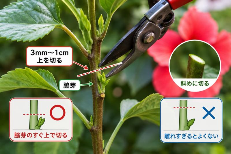 ハイビスカスの芽と剪定位置