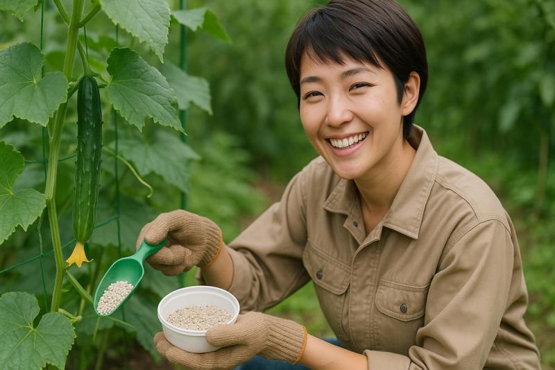 きゅうりに与える野菜用肥料を選ぶ様子