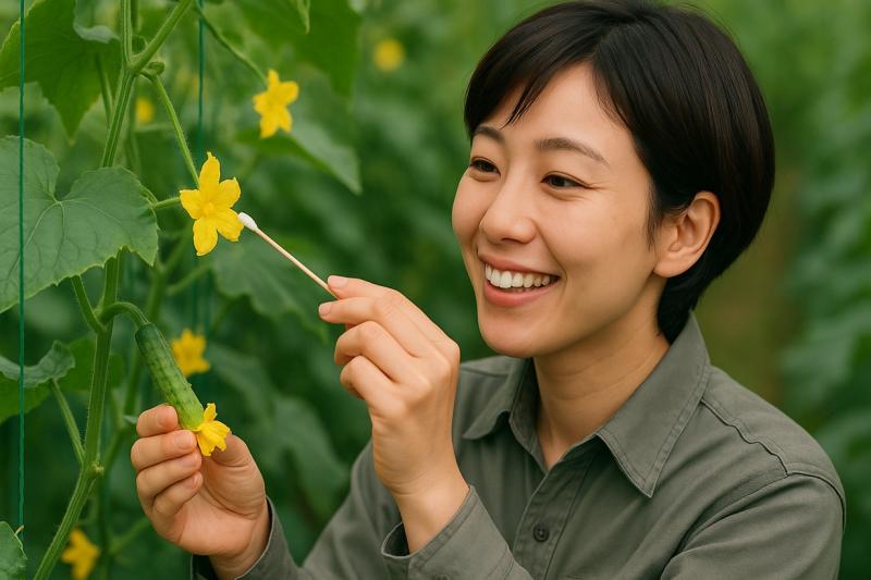 きゅうりの花と人工授粉を確認する様子