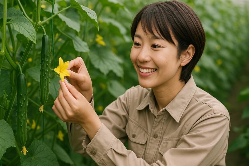 きゅうりの雄花を確認する様子