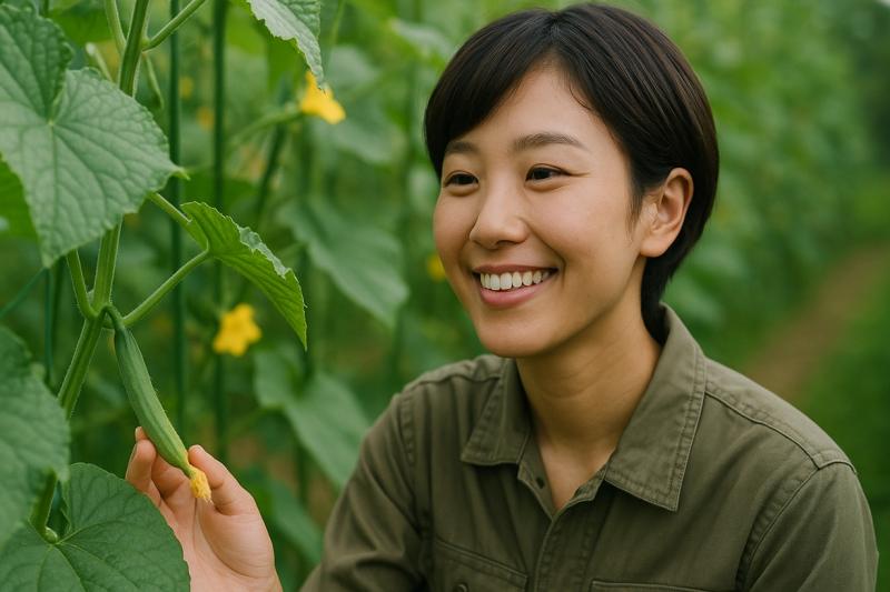 複数の実が付いたきゅうりの株を管理する様子