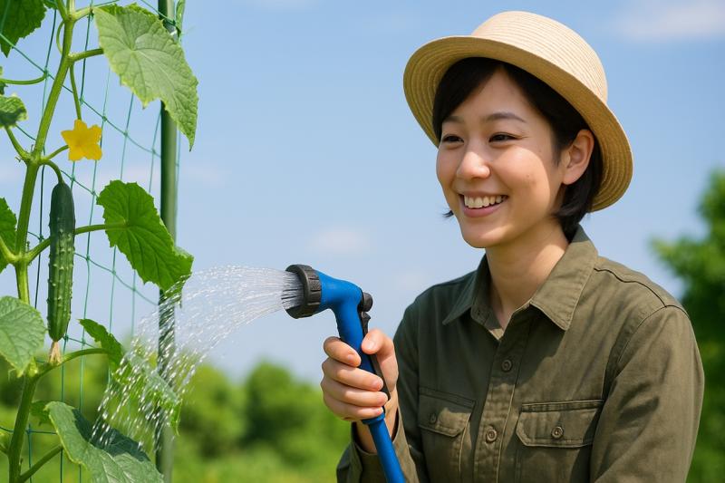 きゅうりの日当たりと水やりを確認する様子