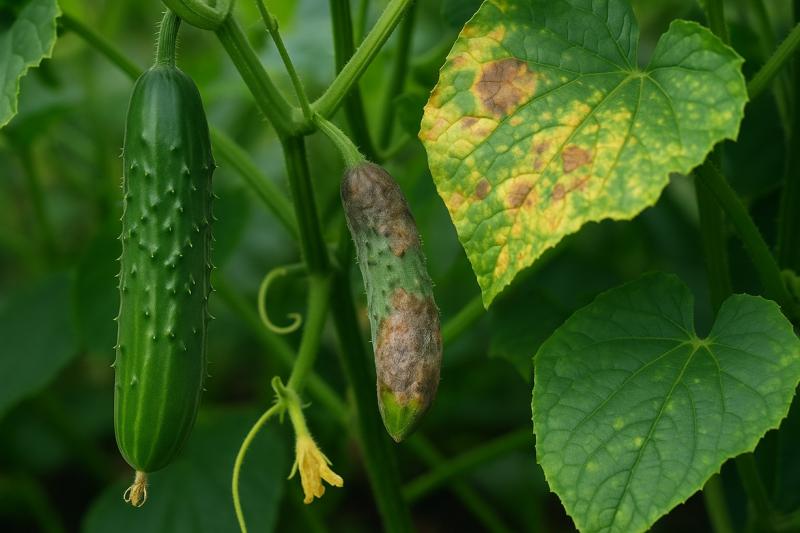 きゅうりの葉と実に出る病害虫を確認する様子