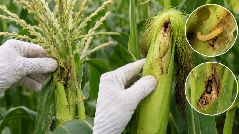 alt="とうもろこしに発生するアワノメイガの幼虫と食害跡"