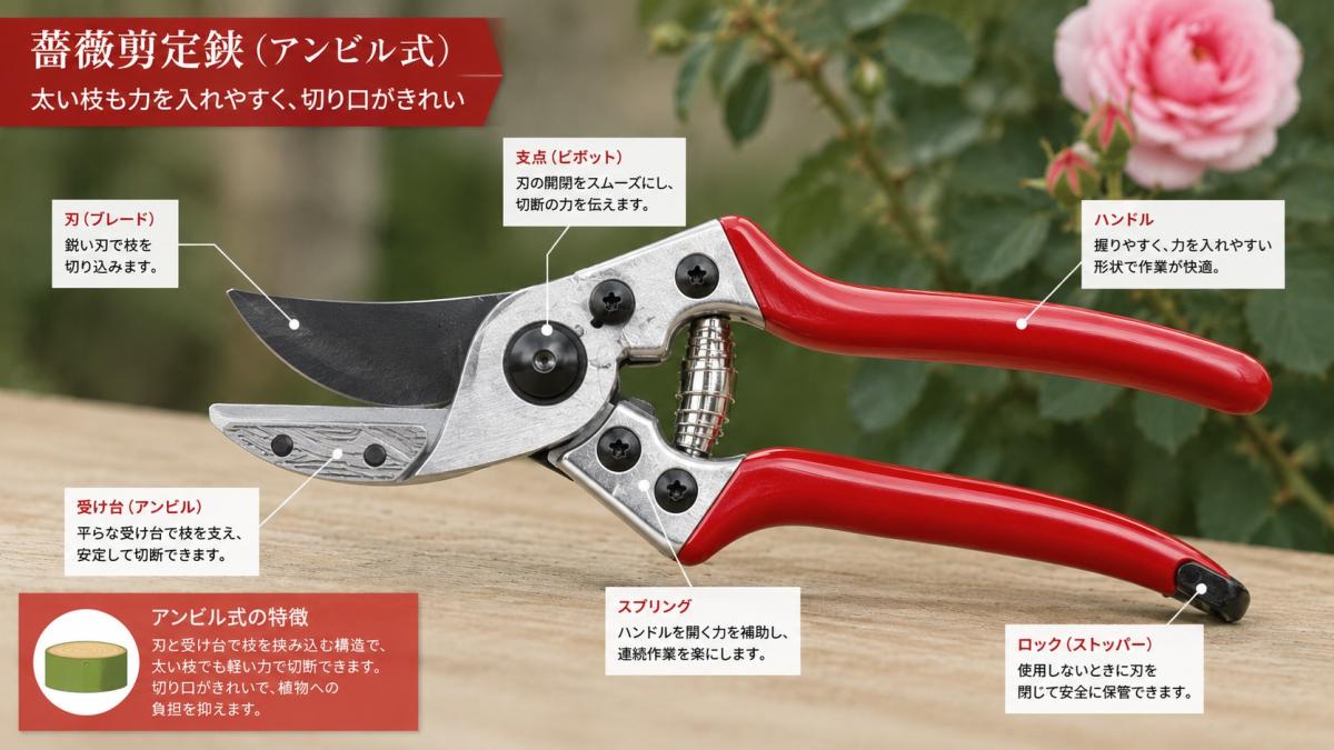 アンビル式剪定ばさみの仕組み