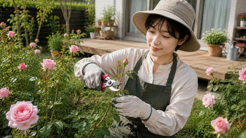 軽量の剪定ばさみでバラを手入れする様子
