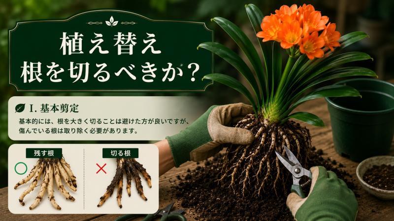 君子蘭の根を確認する植え替え作業
