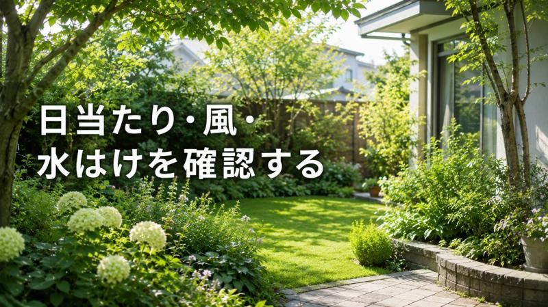 庭の日当たりと水はけを確認する様子