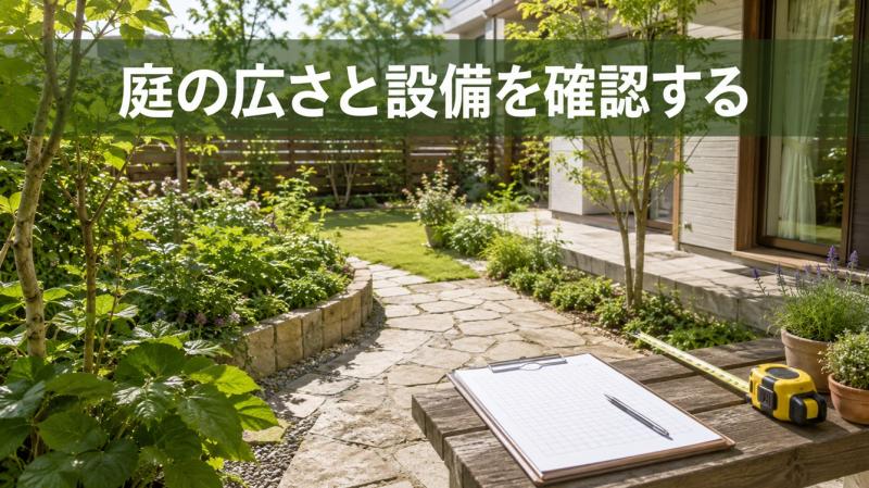 庭の広さと設備を書き込んだ簡単な配置図