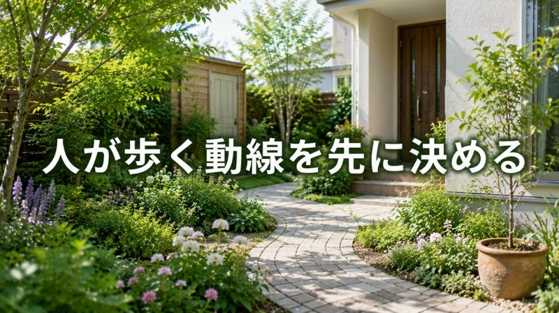 庭の生活動線と作業動線を確認する様子