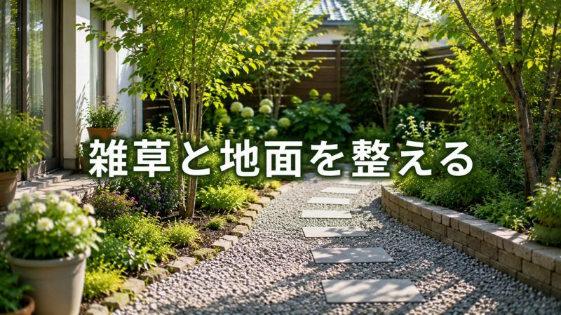 植物を植える前に雑草と地面を整える様子