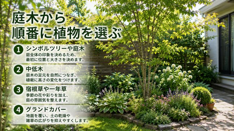 庭木から順番に植物を配置した庭