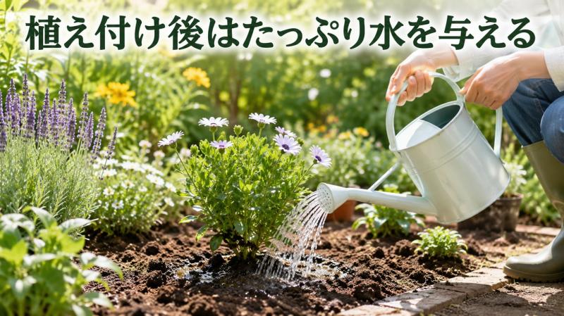 植え付け後の植物にたっぷり水を与える様子