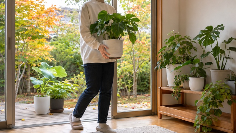屋外の観葉植物を秋に室内へ取り込む様子
